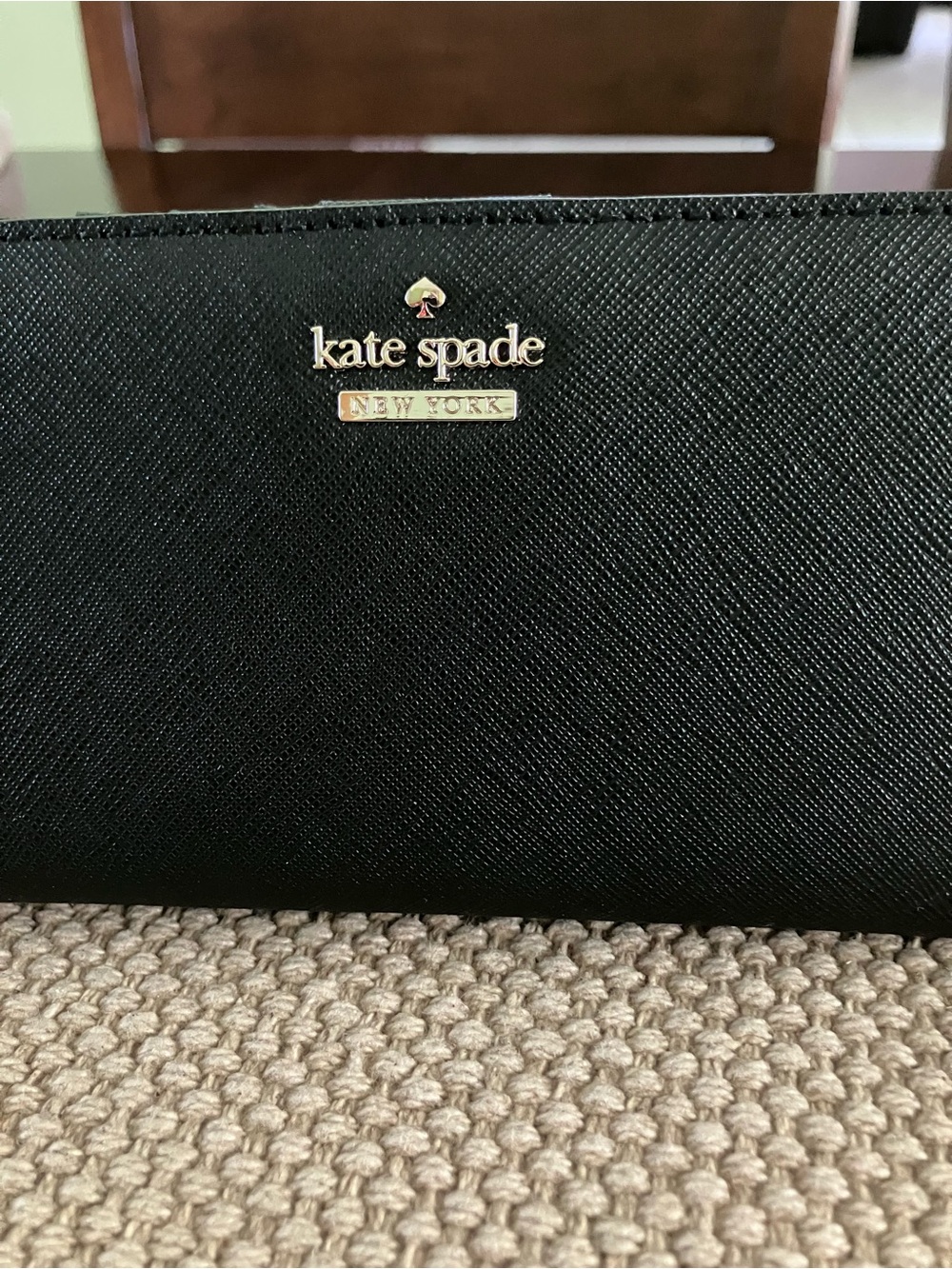 kate spade Black Saffiano Zip Wallet with Gold Logo